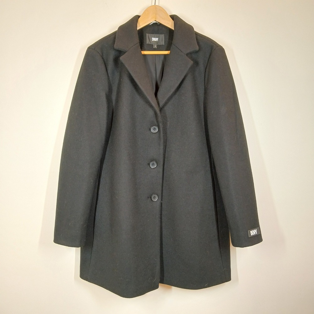 DKNY Coat Women Large Black Wool Blend Single Breasted Classic Minimalist